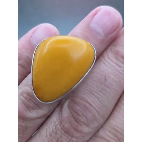 Vintage Sterling Silver 925 Egg Yolk Butterscotch Ring Amber Adjustable Size 9